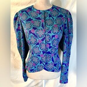 Vintage 80s/90s Papell Boutique Blue, Purple Multi Printed Blazer, Size 12